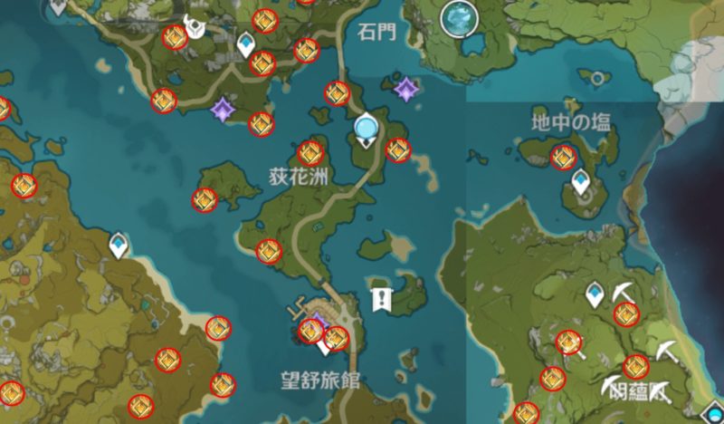 原神の岩神の瞳マップ探索、荻花洲周辺（碧水の原）地図