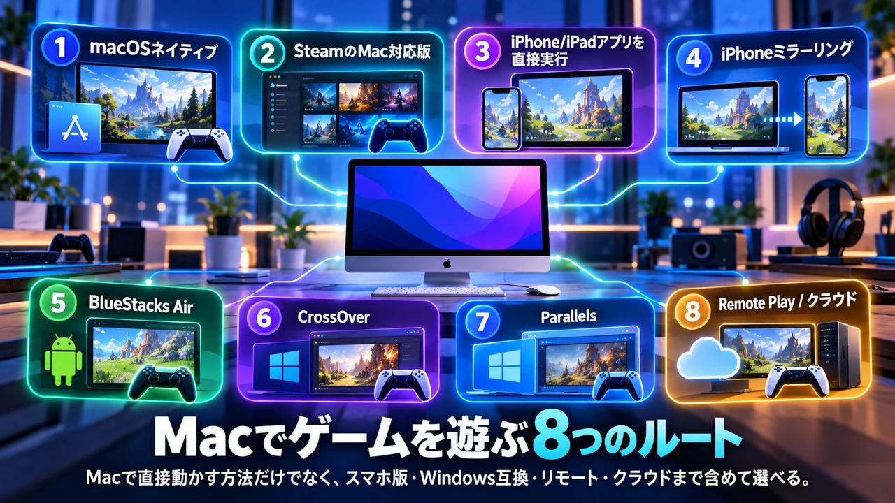 Macでゲームを遊ぶ8つのルートをmacOS・iPhone・Android・Windows・リモート・クラウドに整理した図