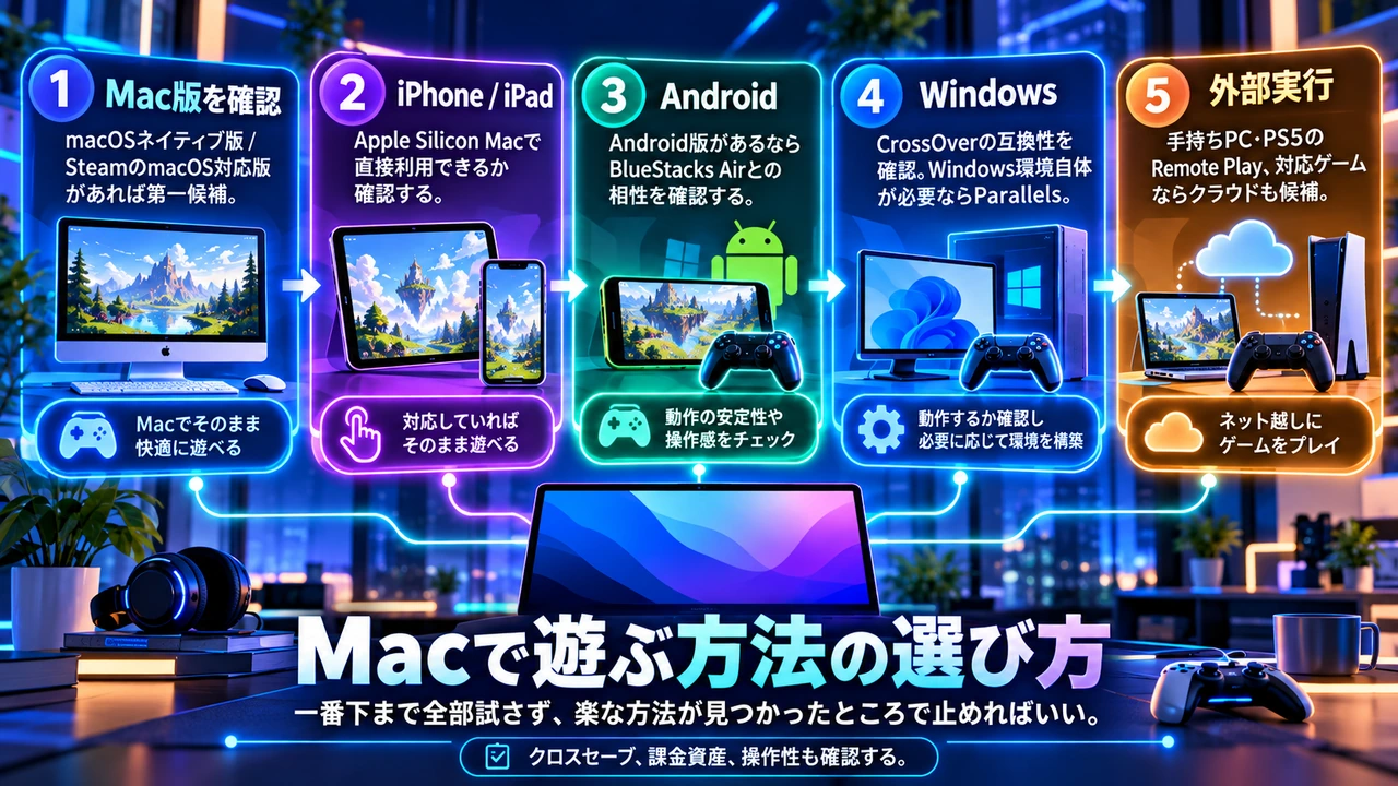Macでゲームを遊ぶ方法をMac版・iPhone・Android・Windows・リモートやクラウドの順に選ぶ判断フロー