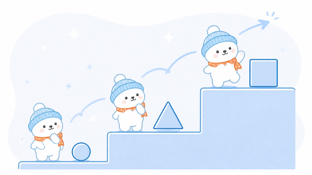 覚醒の節目を3段階の抽象ステップで表したしろくまの画像