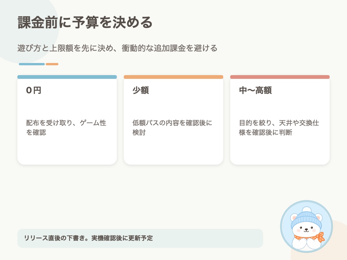 予算別のおすすめ課金方針の要点をまとめた資料画像