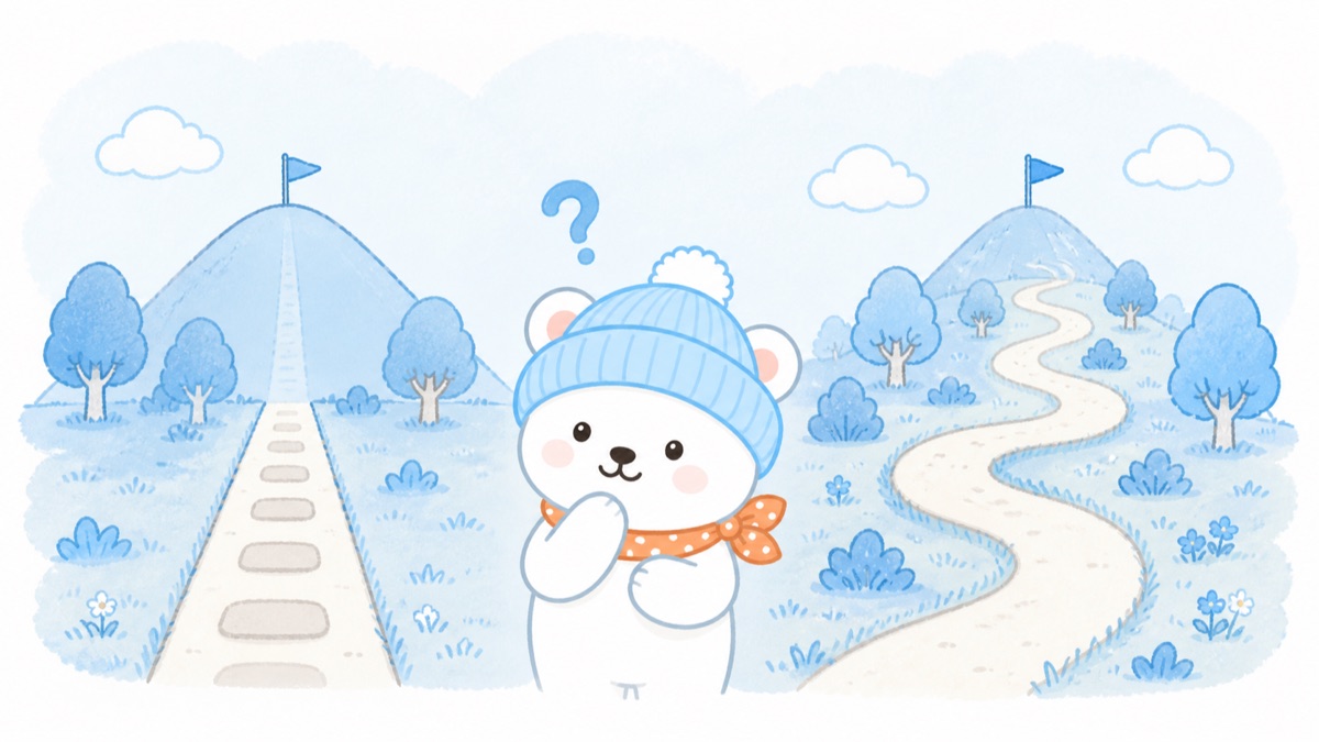 近道と寄り道のどちらも選べる冒険を表したしろくまの抽象イラスト