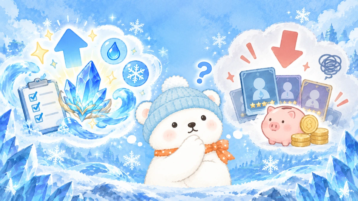 瞬間火力と安定性と転用性を比べながら原石の使い道を考える抽象イラスト