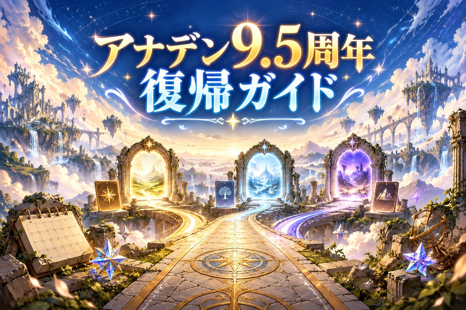 アナデン9.5周年の復帰判断と3つの周年ガチャをイメージした抽象イラスト