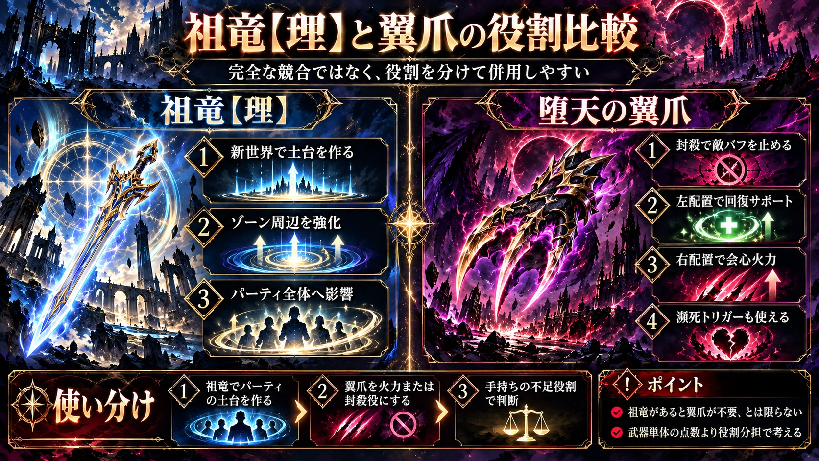 祖竜【理】の銃剣と堕天の翼爪の役割比較