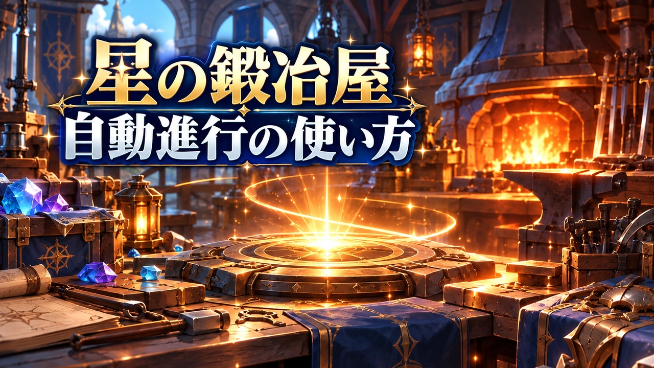 星の鍛冶屋の自動進行の使い方を示すファンタジー鍛冶工房のアイキャッチ
