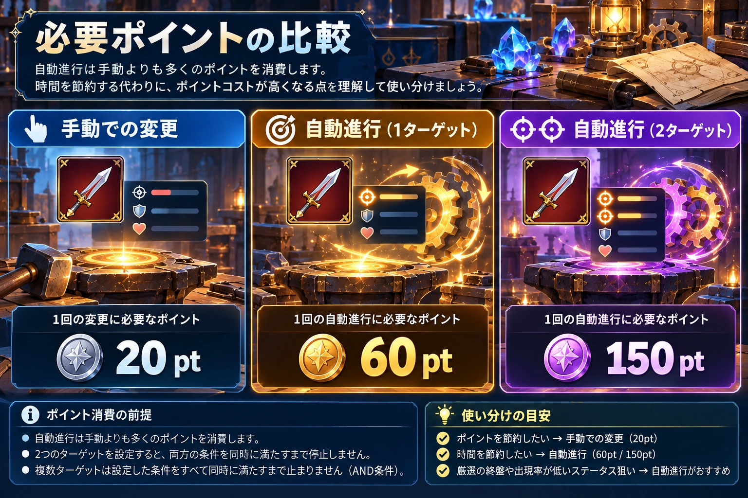 手動20ptと自動60pt・150ptの必要ポイントを比較する資料画像