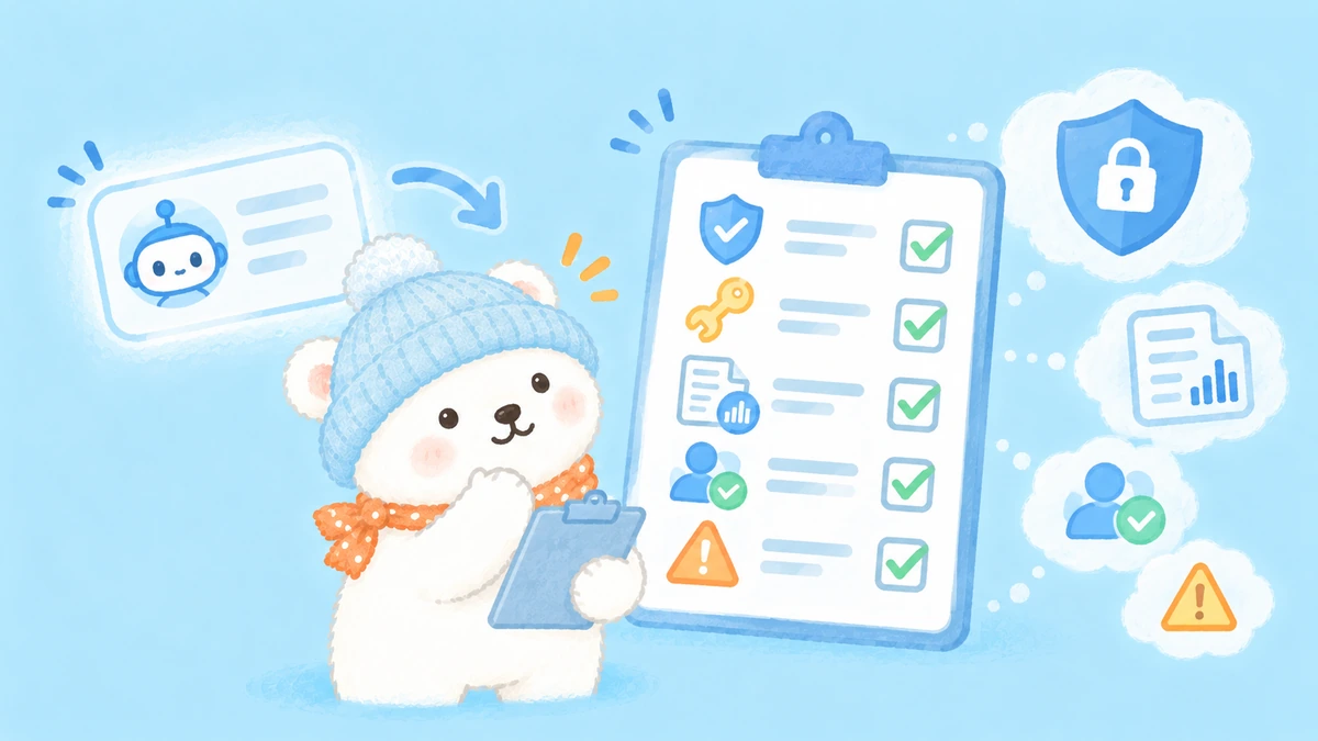 AI専用IDと最小権限、承認、ログ、停止手段を表すイラスト