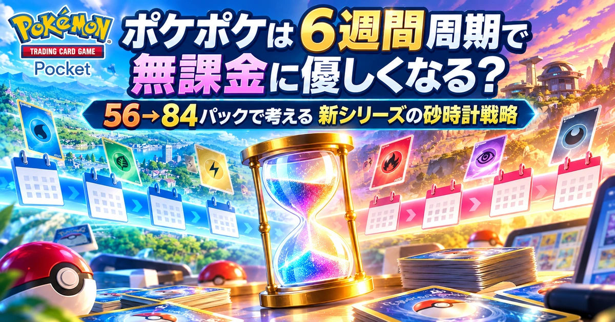 カードと砂時計でポケポケの6週間周期化を表現したイメージ
