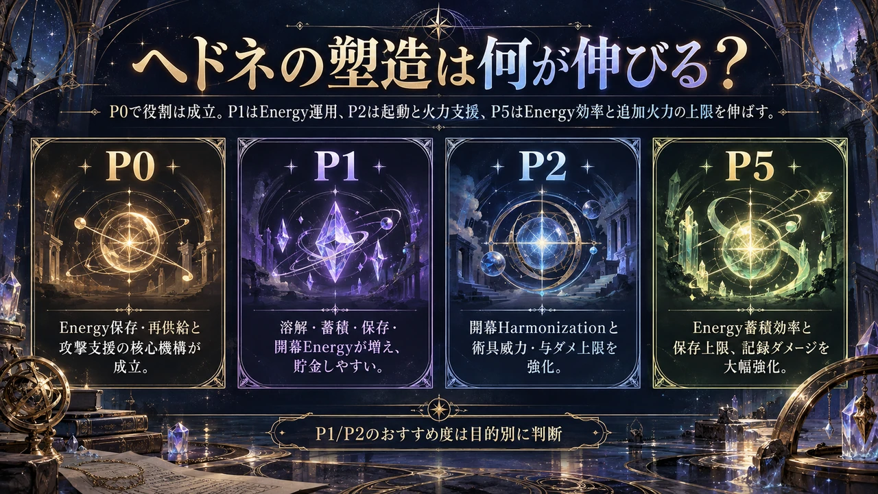 ヘドネのP0、P1、P2、P5で強化される役割を整理した図
