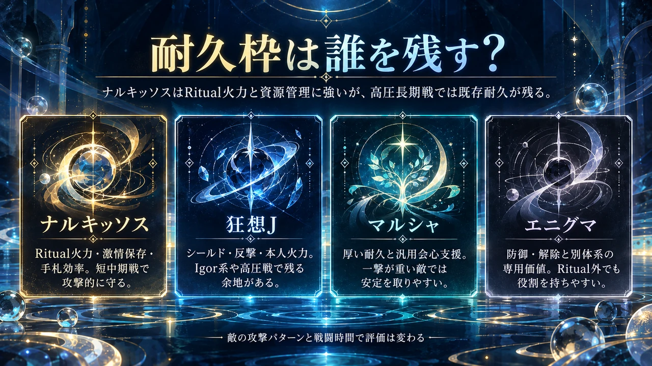 ナルキッソス、狂想J、マルシャ、エニグマの耐久枠としての役割を比較した図